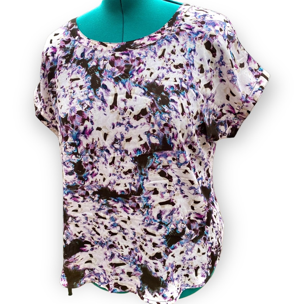 2for$30 CYNTHIA ROWLEY Sheer Short Sleeve Black Purple Office Blouse Size L